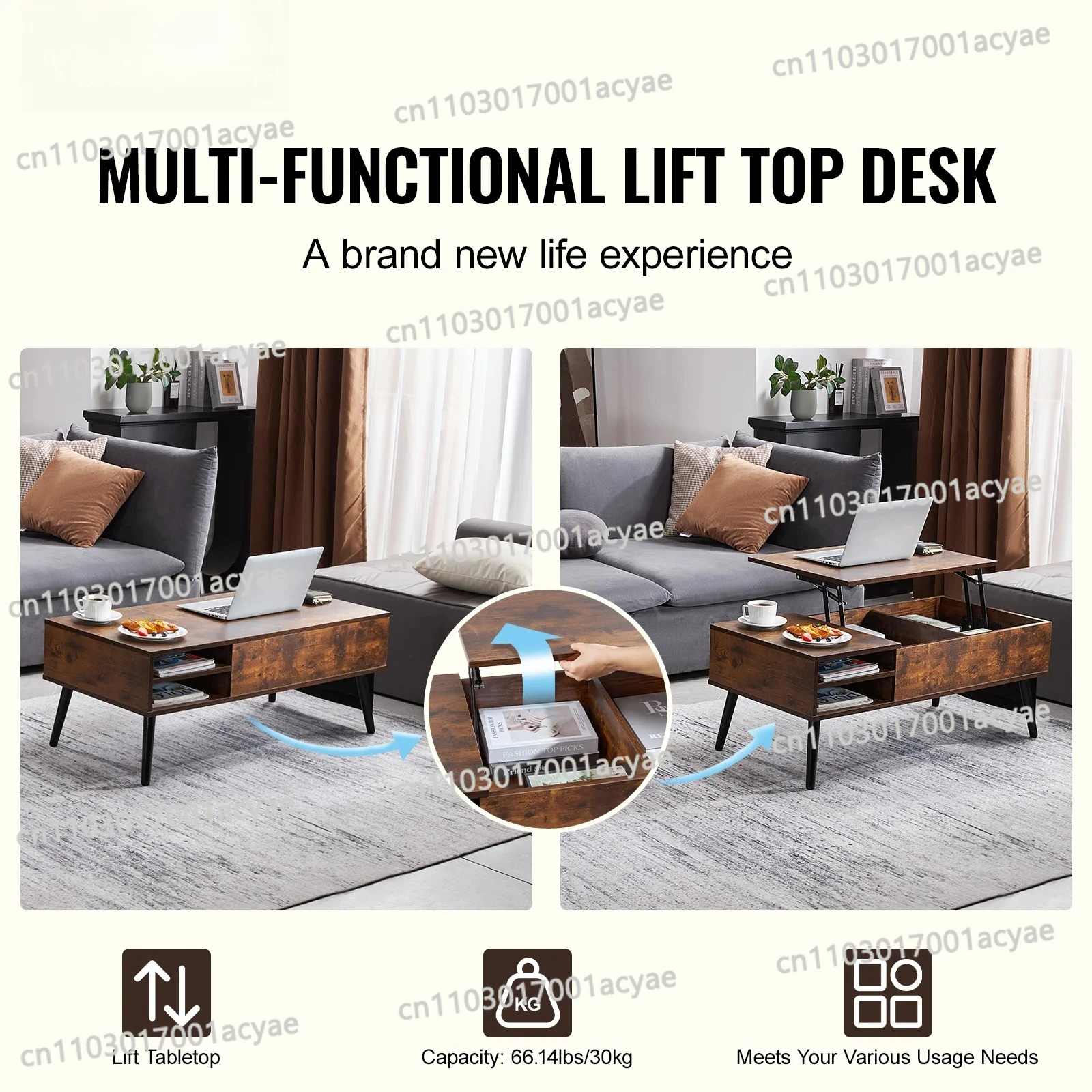 Multi-Purpose Pop-Up Coffee Table - Liftable Surface & Storage Pockets for Living Room, Converts to Dining/Work Desk in Seconds