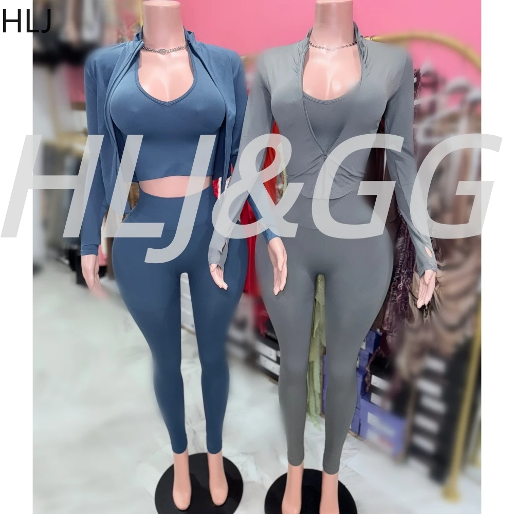 

HLJ повседневные однотонные спортивные узкие брюки, комплект из 3 предметов, женский жилет + пальто с длинными рукавами + леггинсы, брюки, осенние эластичные спортивные костюмы