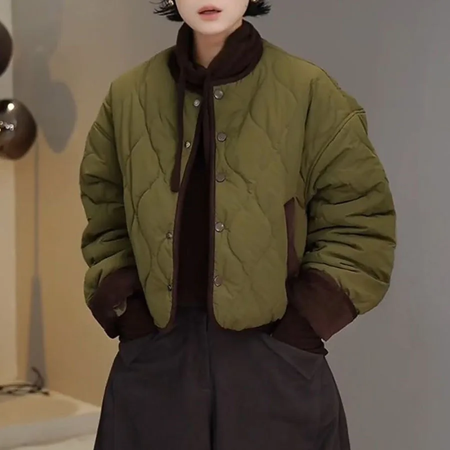 

Модная контрастная однобортная толстая теплая куртка с хлопковой подкладкой и круглым вырезом, женская зимняя новая свободная тонкая одежда с хлопковой подкладкой