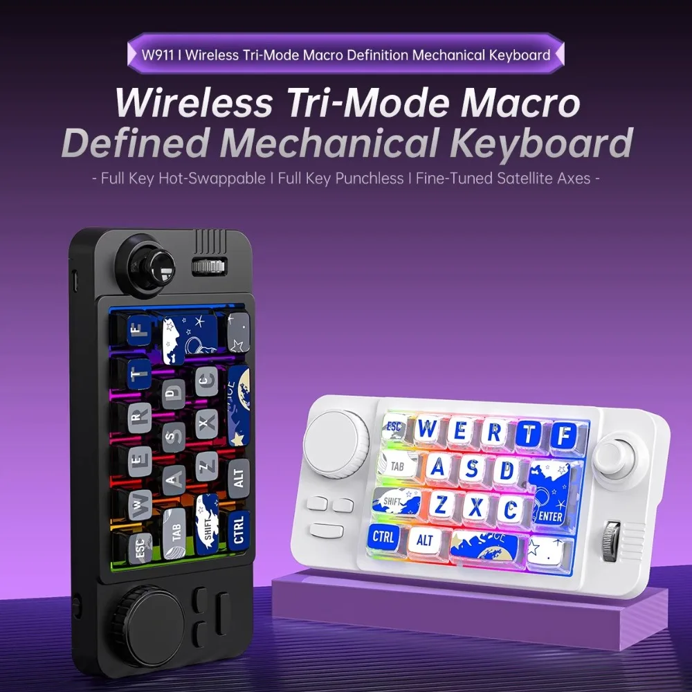 

W911 Мини-клавиатура RGB 22 клавиши с возможностью горячей замены, трехрежимная ручка клавиатуры, джойстик, аксессуар для клавиатуры для программирования макросов Teclado Mecanico