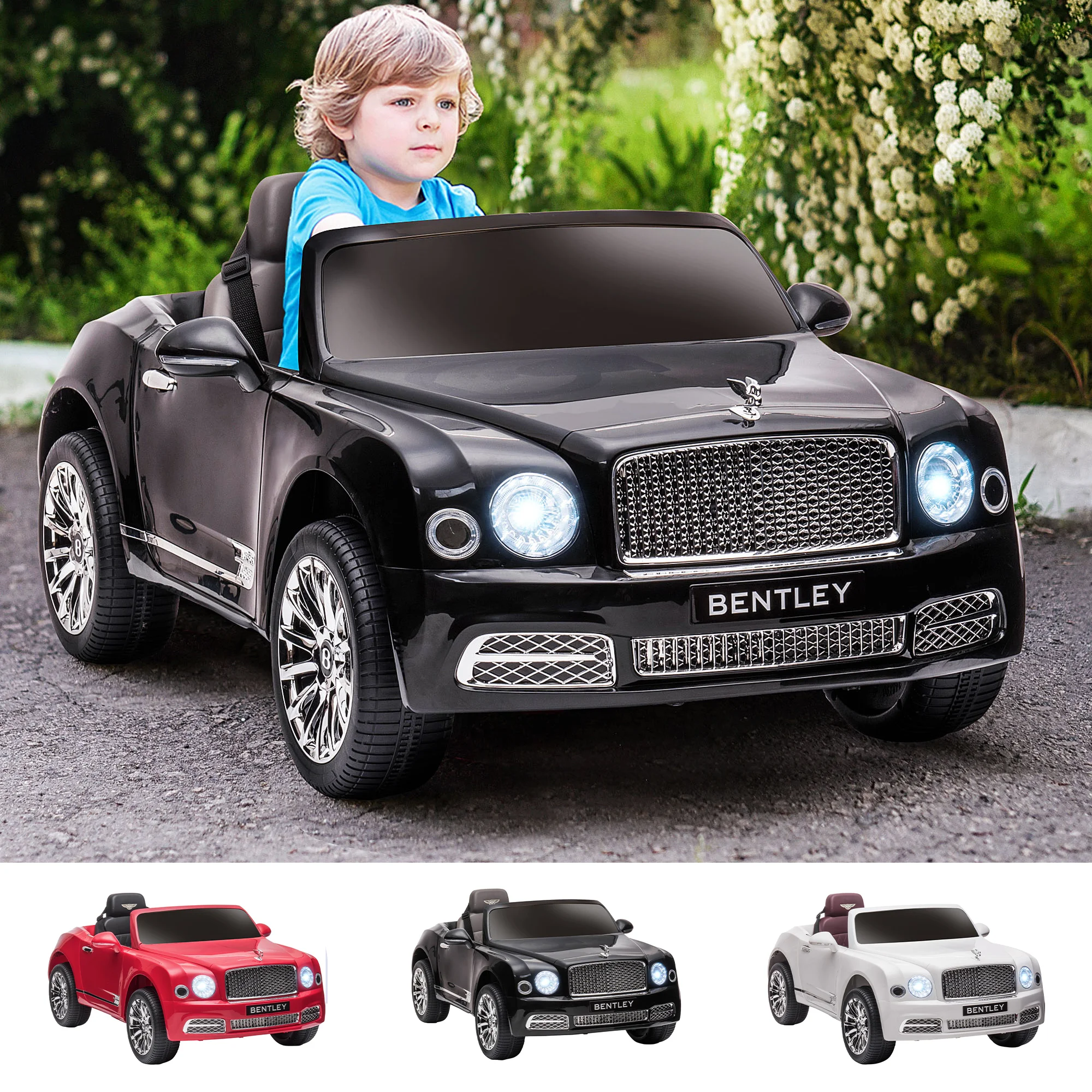 HOMCOM electric car Bentley Mulsanne for children 3-6 years old 12V battery car with 2 Motors remote control headlights horn music USB and door opening 3-5 km/h 120x71x48 cm