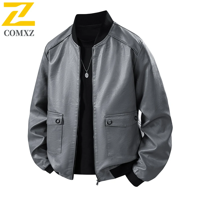 

COMXZ Premium PU Leather Jacket Mens Classic Baseball Collar Outdoor Sports Leather Coat Casual Daily Style Windproof Outerwear​