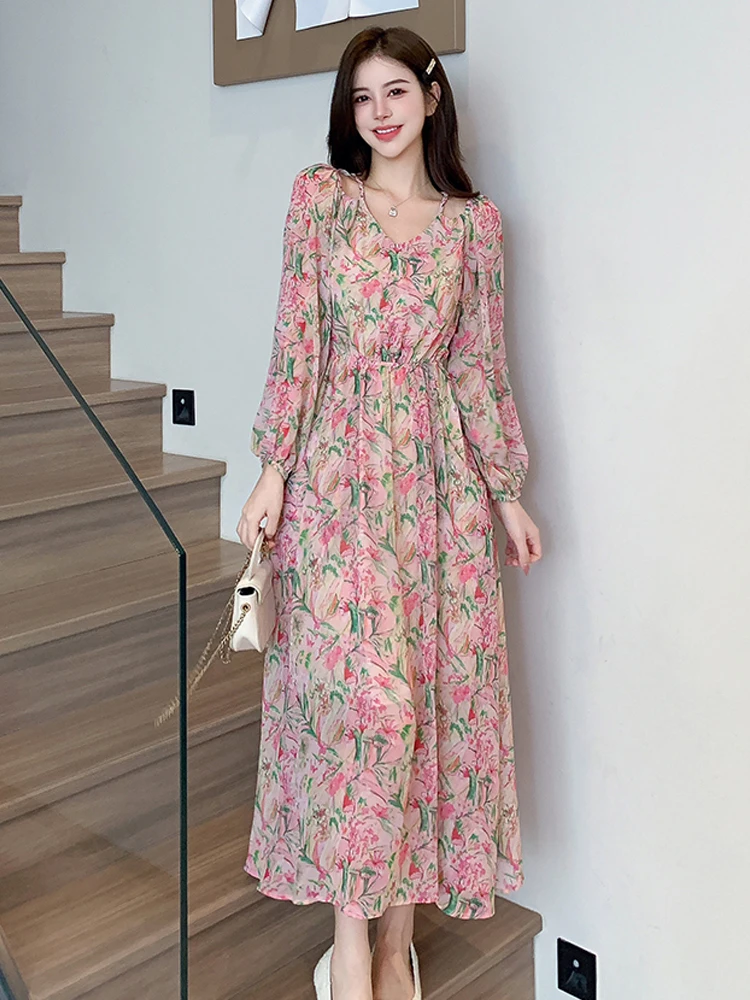 

Women V-Neck Print Chiffon Long Sleeve Dress Autumn Winter French Temperament Hollow Out Off Shoulder Design A-Line Slim Dress