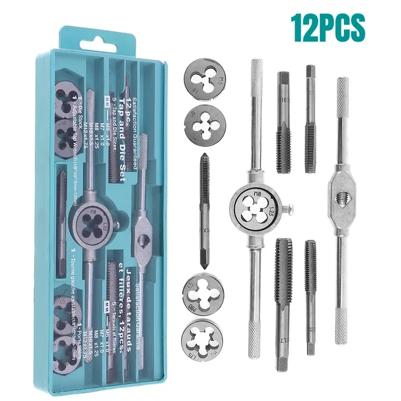 12/20Pcs Metric Hand Tap and Die Set M3-M12 Screw Thread Plugs Straight Taper Reamer Tools