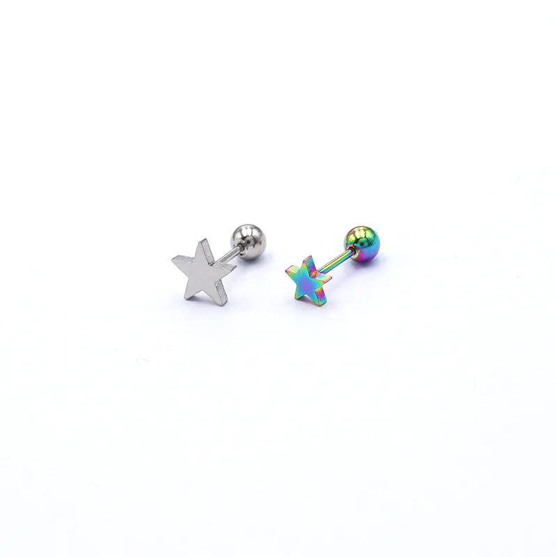 Star 3 Colors Screw-back Stainless Steel Men Stud Earrings Black Ball Brief Style IP Plated No Fade Allergy Free