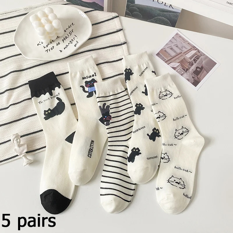 

5 пар женских хлопковых носков средней длины из чистого хлопка в новом стиле с милым котом в полоску, впитывающих пот и дышащих носков