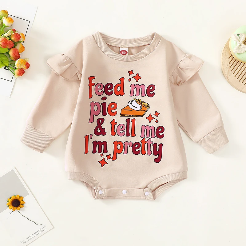 

0-18M Baby Girl Rompers Ruffled Long Sleeve Round Neck Pie Letter Print Bodysuit Little Girl Clothes