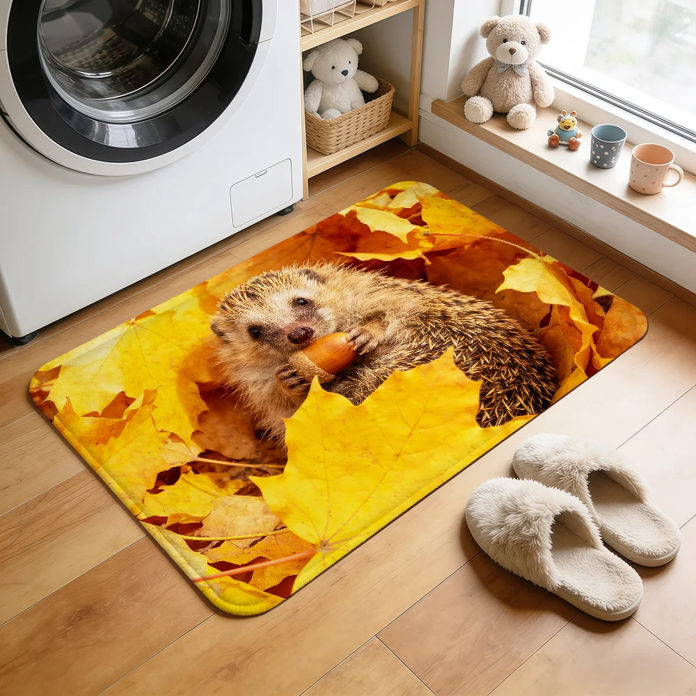 Fashion Autumn Leave Cute Hedgehog Family Bedside Rug Kitchen Bath Floor Mat Hallway Balcony Carpet Entrance Doormat Decor Home