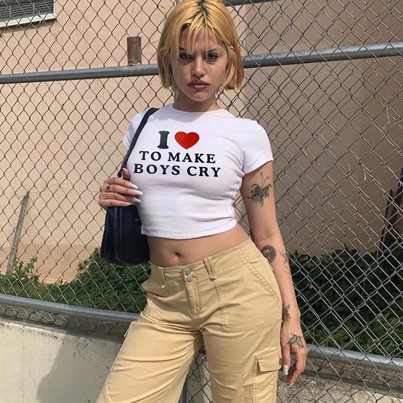 I Love To Make Boys Cry Funny Women Cropped Tops Y2k Aesthetic Graphic Tee Kawaii Clothes Vintage T-shirt Baby Tee 2000s Top