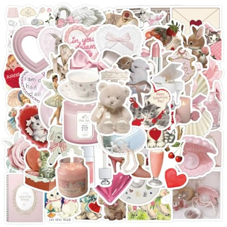 60pcs Coquette Stickers Cute Vinyl Waterproof Aesthetic Pink Stickers for Girls Laptop Phone Water Bottle Guitar