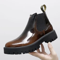 Patent Leather Mens Platform Chelsea Boots Thick Bottom British Style Fashion Ankle Shoes