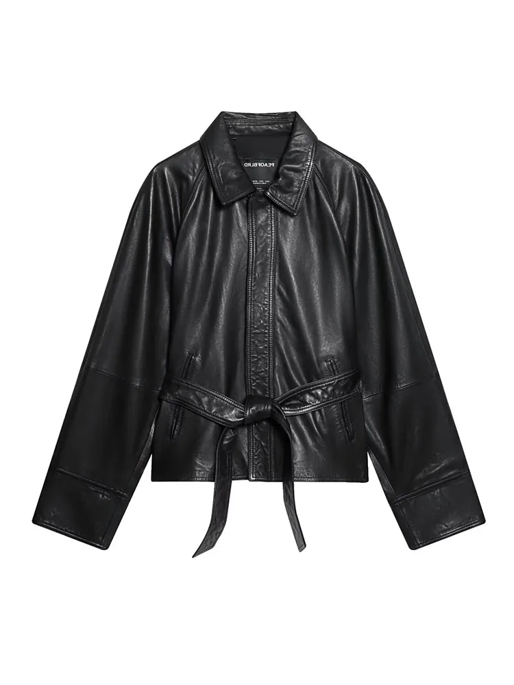 

HH Women's Fashion Vintage Lace-up Faux Leather Short Jacket Female Temperament Simple Casual Versatile Long Sleeve Jacket Mujer