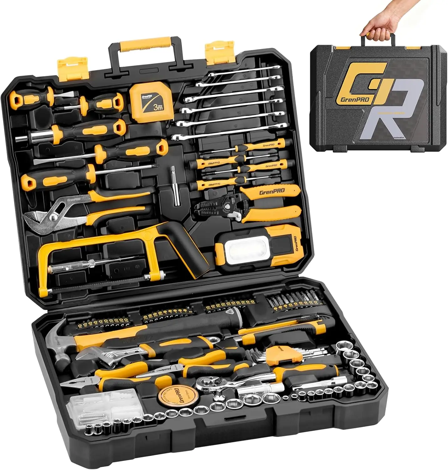 

218-Piece Household Tool Kit with Screwdrivers, Wrenches, Hammer, Saw, and Work Lamp for Home Repairs