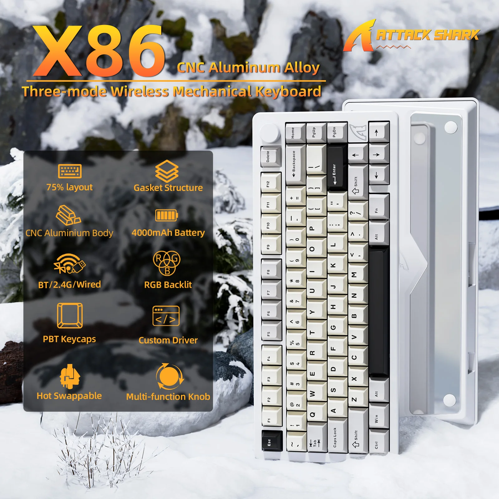 

ATTACK SHARK X86 75% Aluminum CNC Wireless Mechanical Gaming Keyboard with Volume Knob,82 Key Gasket Hot Swappable RGB Custom Ke