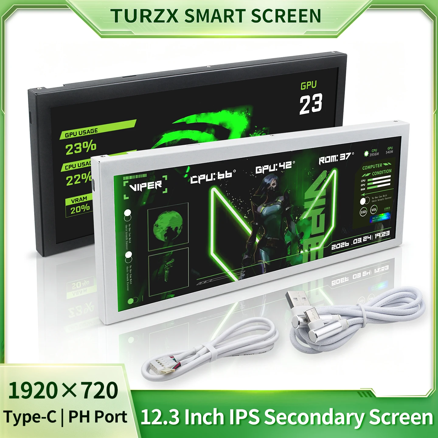 TURZX 12.3 Inch Secondary Screen IPS 1920x720 USB Type-C Display Extended Screen CPU GPU RAM Computer Monitor for Windows 10 11