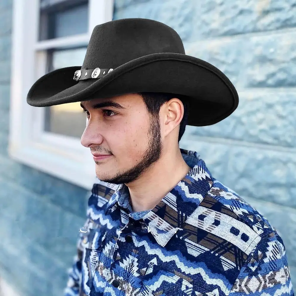 

Upturned Brim Western Cowboy Hats Wide Brim Ethnic Style Fedora with Faux Silver Accents Fedoras Hat for Women & Men