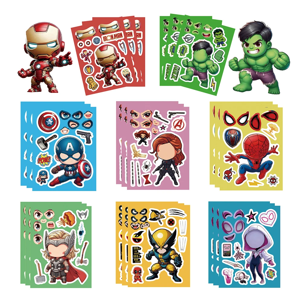 8/16 Hojas de Pegatinas de Rompecabezas de Superhéroes de Marvel Los Vengadores, Dibujos Animados de Spider-Man y Hulk, Crea una Cara, Calcomanías de Rompecabezas DIY, Juguete de Regalo