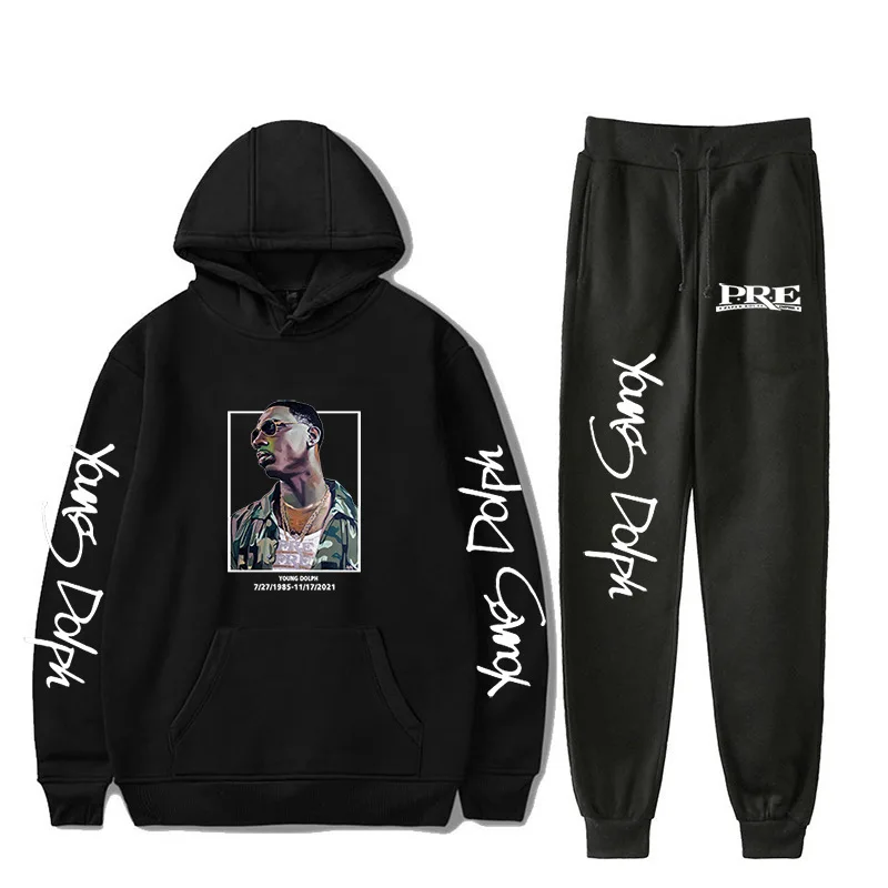 Rapper Young Dolph Men\'s Sportswear Sets Casual Tracksuit Two Piece Set Top and Pants Sweat Suit Male Sporting Suits Streetwear