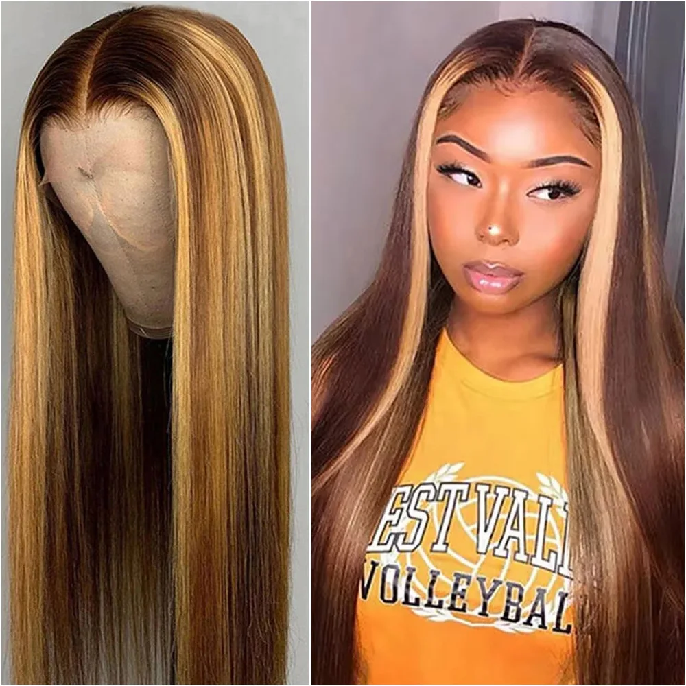 200% الكثافة 30 36 بوصة 4/27 تسليط الضوء على العظام مستقيم الدانتيل الباروكة الأمامية 100% شعر الإنسان شقراء 13x6 HD الدانتيل الجبهة الباروكات قبل قطعها