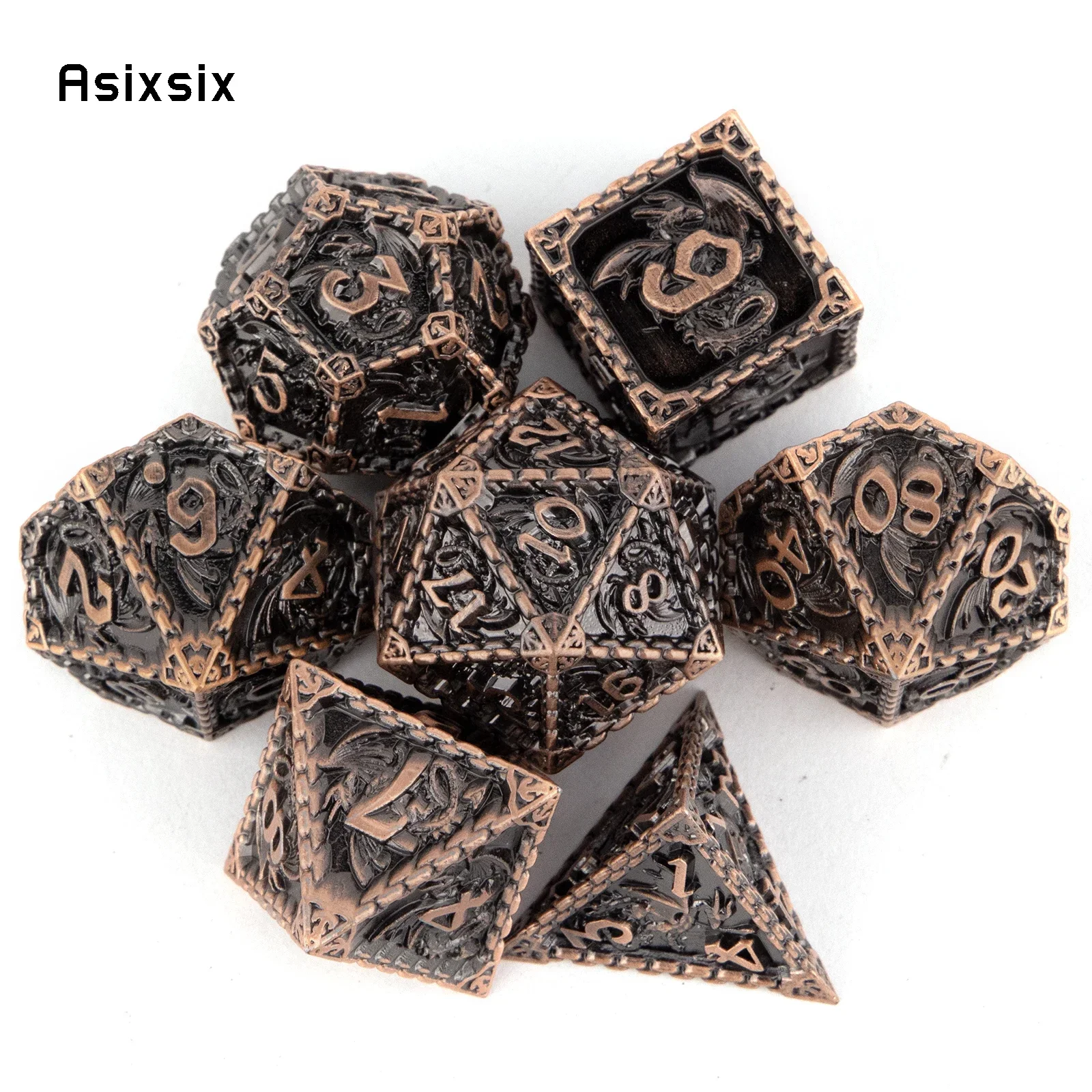 

7 Pcs Copper Dragon Metal Dice Solid Metal Polyhedral Dice Set Suitable for Role-Playing RPG Board Game Gift