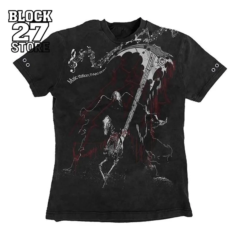Mens T Shirt Harajuku Visual Kei Streetwear Scythe String Graphic Tee Regular Fit Short Sleeve Summer Dark Aesthetic Fashion New