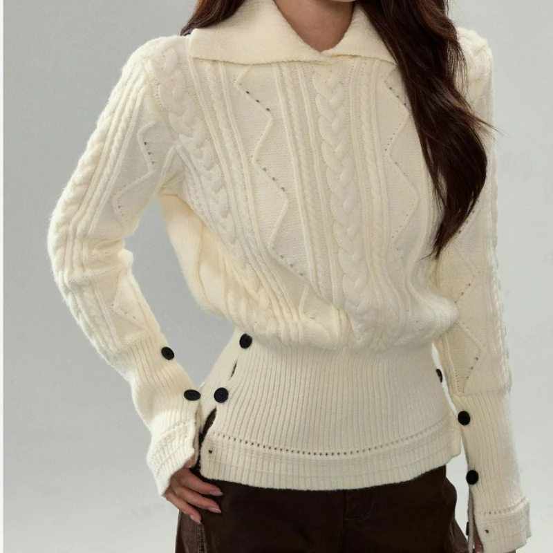 موضة جديدة بيضاء مضفرة على الطراز الكوري التلبيب تصميم جديد على الطراز الصيني سترة محبوكة مع خصر محكم 2026 خريف/شتاء #3