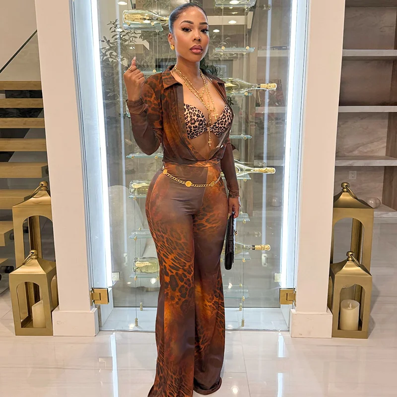 Doyerl Leopard Print Festivals Outfit Women Two Piece Set Club Party Mesh Sheer Long Sleeve Shirt Top+ Flare Pants Matching Sets