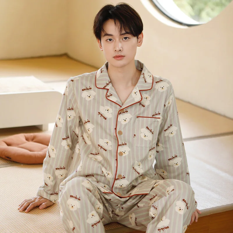 

Одежда для сна для пар, комплект из чистого хлопка с длинными рукавами и рисунком для осени и зимы, подходит для мужской домашней одежды