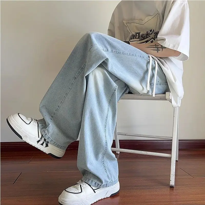Men's Summer Light Blue Wide Leg Jeans Loose Fit Straight Denim Pants Elastic Waist Casual Streetwear Trousers