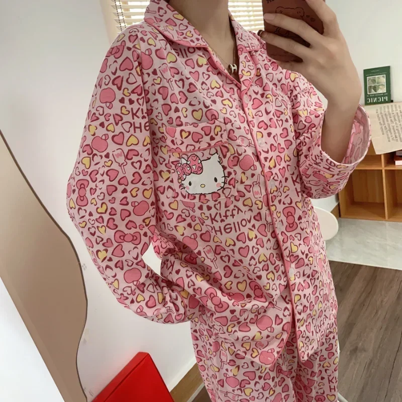 Sanrio Hello Kitty otoño algodón estampado de leopardo pijamas de mujer pijamas de seda de manga larga para mujer ropa de hogar traje de pijama