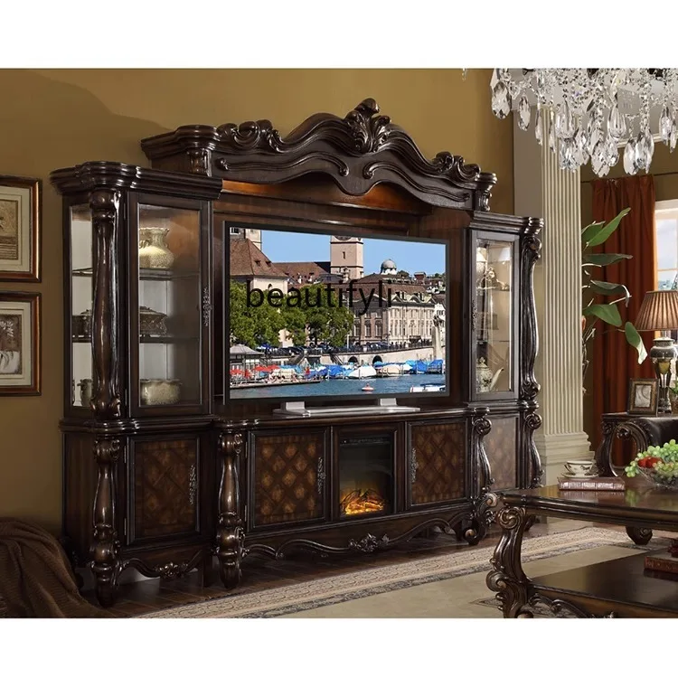 European-Style Solid Wood Combined TV Cabinet Living Room Large Display Cabinet for Accessories Background Wall Curio Cabinet