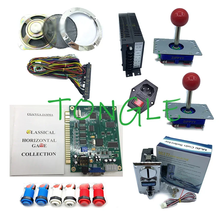 DIY Arcade Bundles Kit, Multi Game PCB, Zippy Joystick, Coin Acceptor, Power Supply, 2 Players, Jamma Wiring, 60 in 1, 1 Set