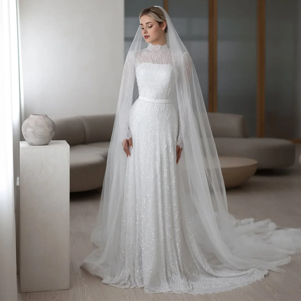 High Collar A-Line Customized Wedding Dress Exquisite Lace Sequined Vestido De Novia Temperament Long Sleeves Robe de mariée