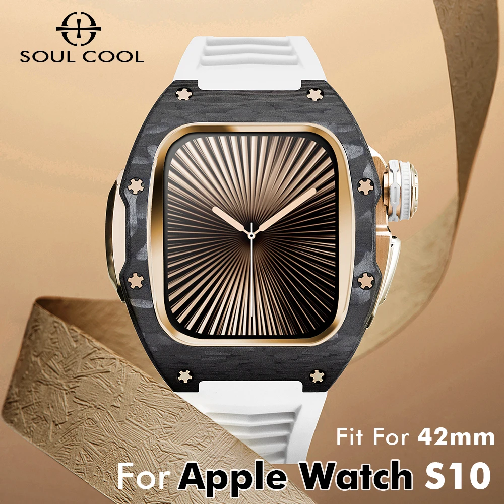 

NEW Carbon Fiber Case For Apple Watch Series 11/10 42mm, Protective Case Luxury Mod Kit Fluororubber Strap Smart iWatch