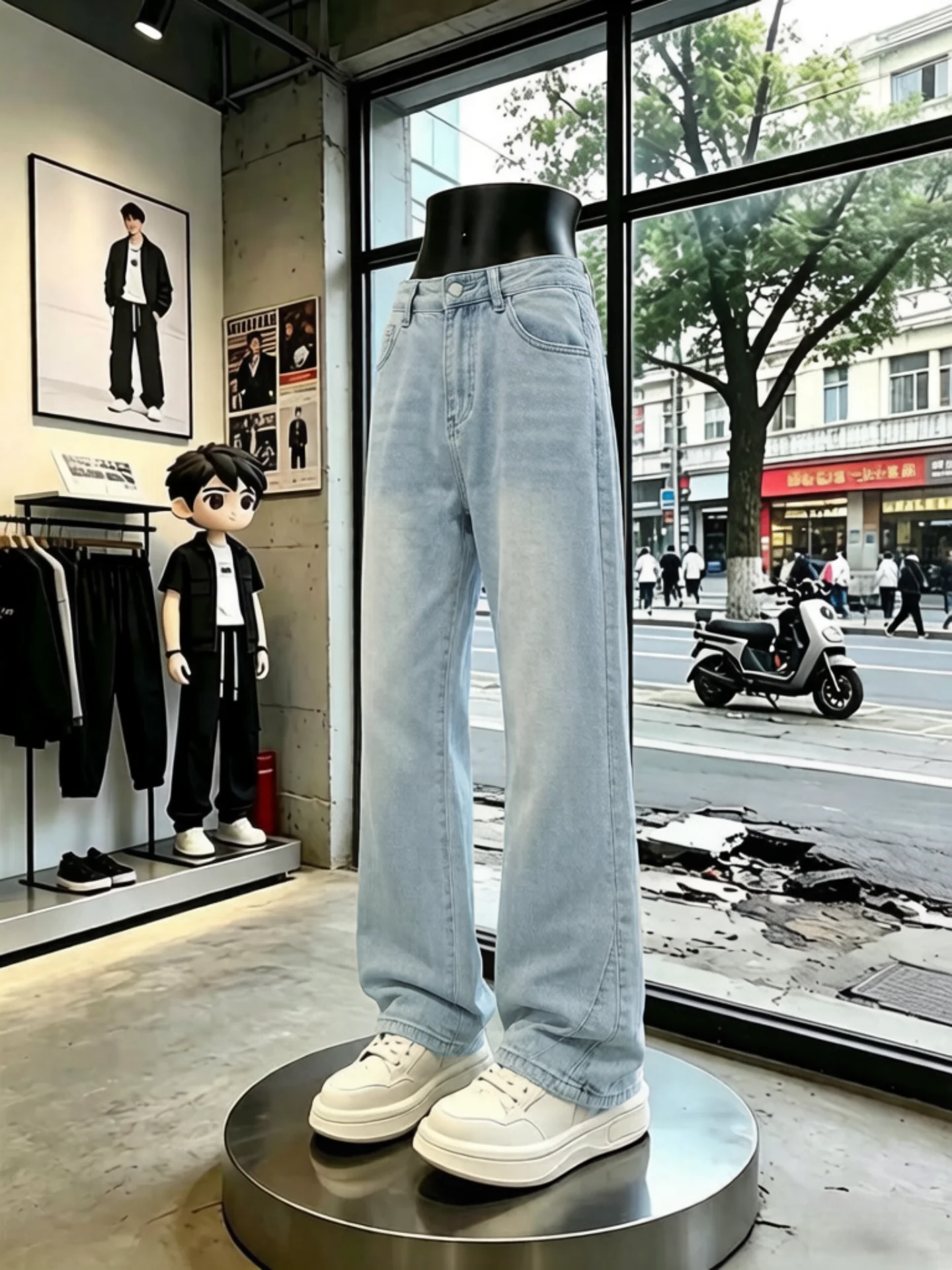 

Blue Washed Knife Straight Leg Jeans Men's Summer American High Street Slimming Pants Micro Flared Trousers