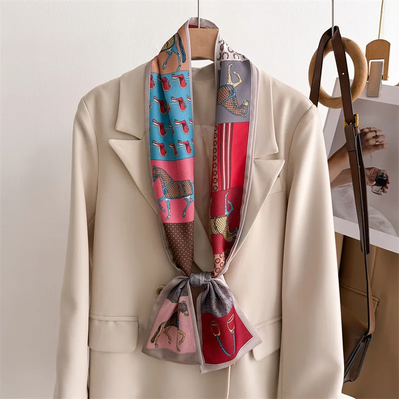 Equestrian patchwork double-layer scarf ribbon tie packaging decoration suit neckerchief small long strip hairband silk scarf