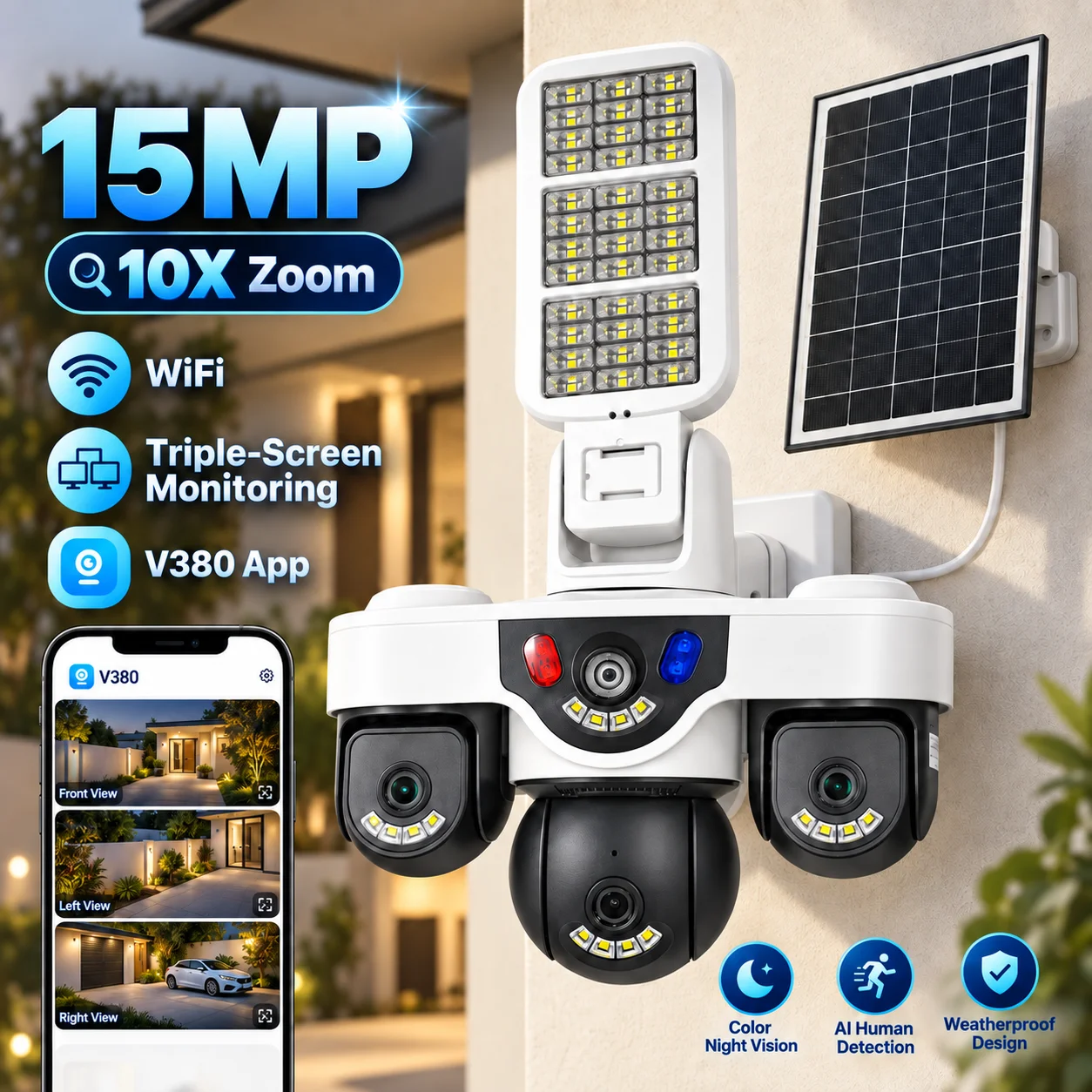15MP Three‑Lens Three‑View WIFI Solar Security  Camera  AOV Mode PTZ Motion Tracking LED Light Outdoor Surveillance CCTV Camera