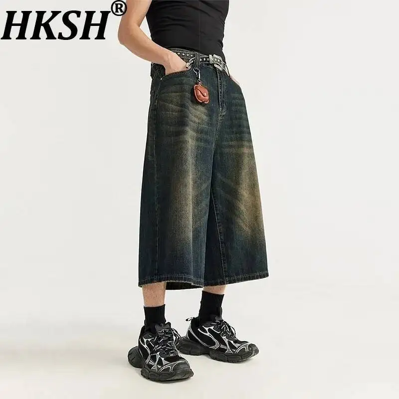 

HKSH Spring Summer Autumn New Men's Tide Vintage Loose Wide-Leg Denim Pants Chic Ins Shorts Trendy Vibe Streetwear Jeans HK23353