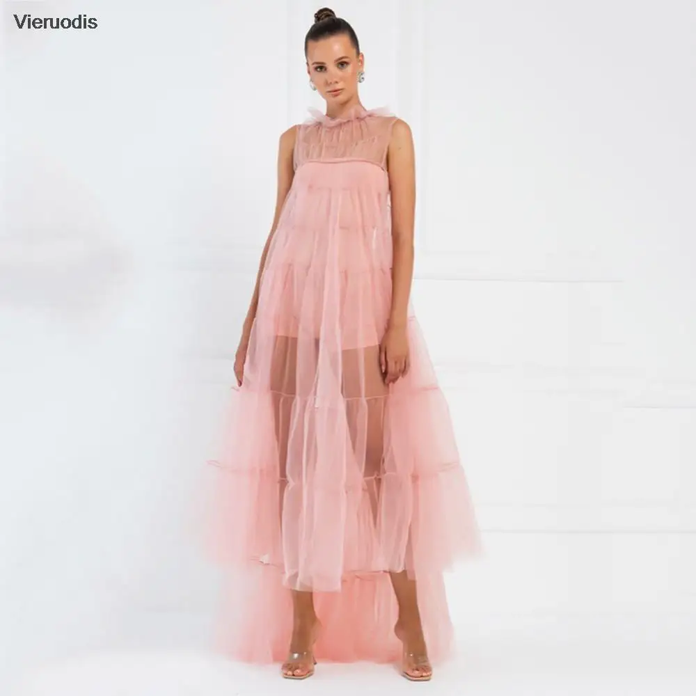 فساتين حفلة موسيقية من التول الوردي / الأبيض أنيقة على شكل حرف a ورقبة عالية فساتين سهرة متدرجة مع سحاب abendkleid vestido festa