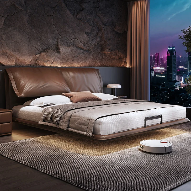 Nordic Decoration Bed Headboard Elegant Brown Lounges Adults Double Bed Floating Platform Wooden Letto Matrimoniale Furniture