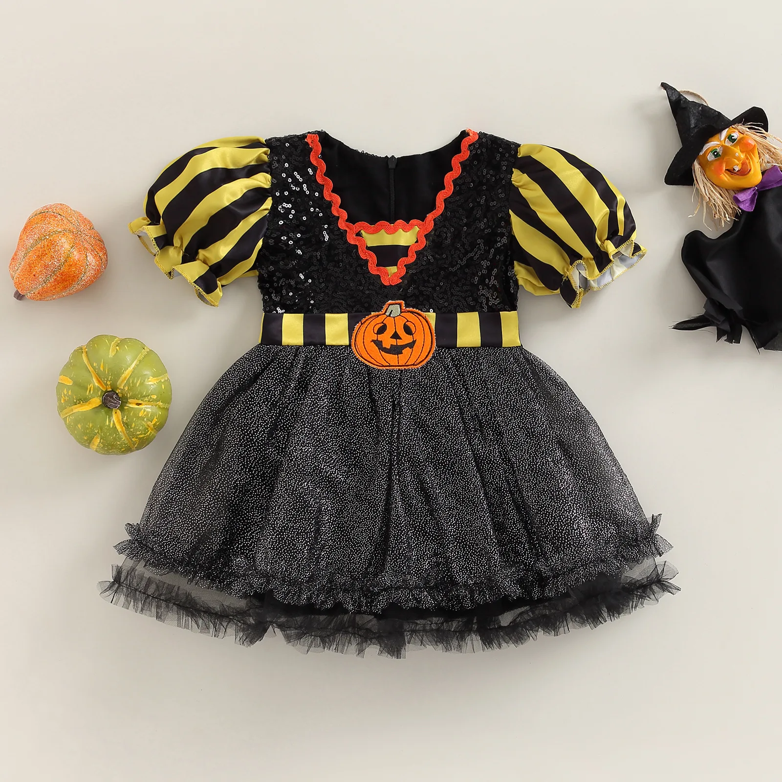 Kids Girls Mesh Pumpkin Dress Cartoon Black Cat Print Party Dresses for Preschool Bubble Sleeve Halloween Costume for Children