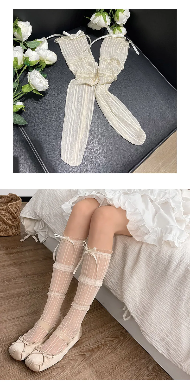 Women's Summer Spring Bow Lace Breathable Socks Black Sexy Stocking Sweet Style Lolita Knee High Socks Girls Gift Medias Kawaii