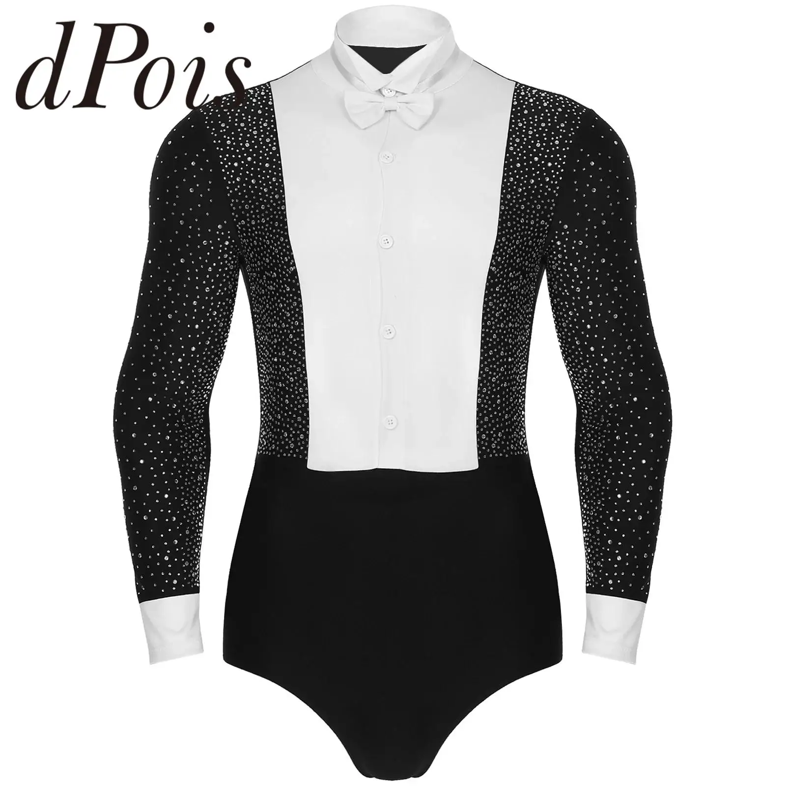 Men Latin Rumba Ballroom Leotard Gymnastics Dance Costume Long Sleeves Shiny Rhinestones Shirts Bodysuit with Bowtie Dancewear