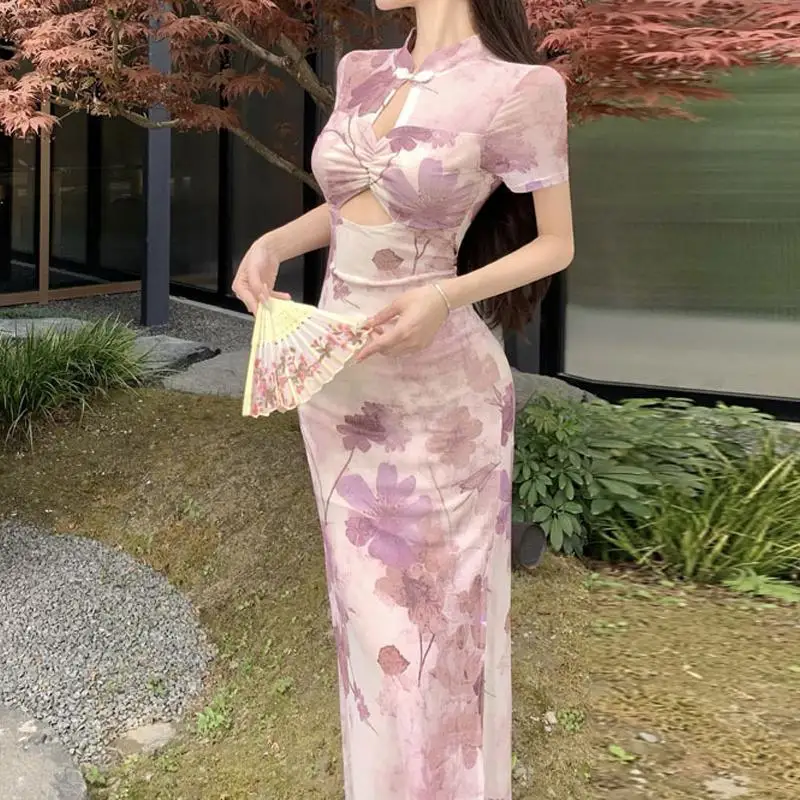

Женское Ципао с цветочным принтом, новый китайский стиль, Cheongsam, сексуальное открытое платье с разрезом, винтажное элегантное традиционное платье