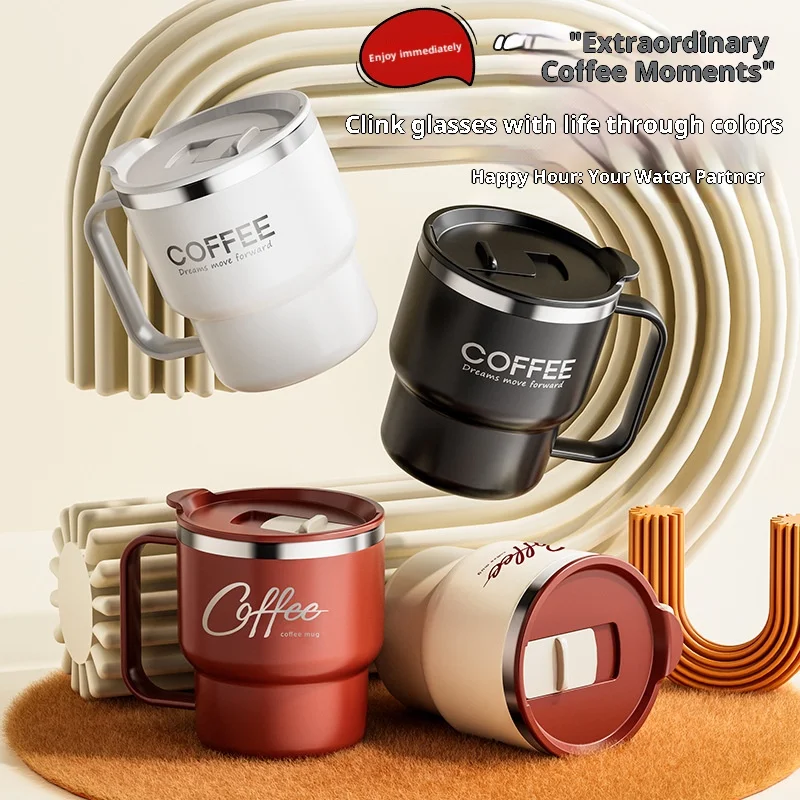 400ml Stainless Steel Coffee Mug with Cover Double Layered Milk Scale Mouth Cup Creative Insulated Japanese Tea Letter Mugs