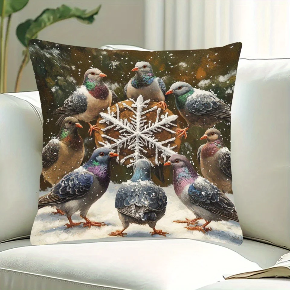 Rustic Pigeon Snowflake Double Sided Pillowcase Merry Christmas Winter Style Zippered Cushion Cover Living Room Bedroom