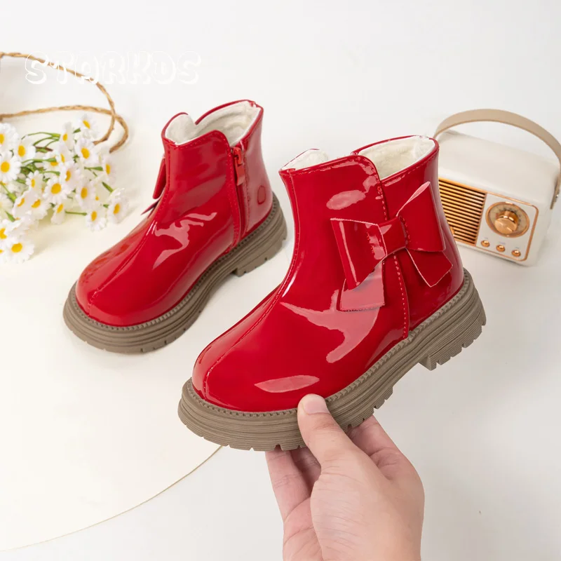 

Patent Leather Red Boots Kid Girl Side Bowknot Design Thick Sole Flat Booties Child Warm Plush lining Short Chelsea Ankle Botas