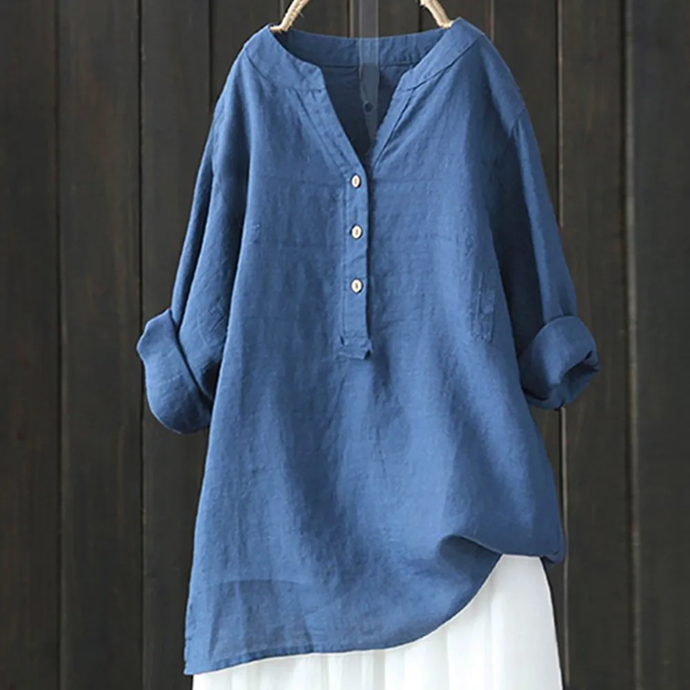 

Casual Loose Shirts For Women Vintage Nylon Cotton Women's Oversized Solid Shirts And Blouses Button V Neck Female Tops