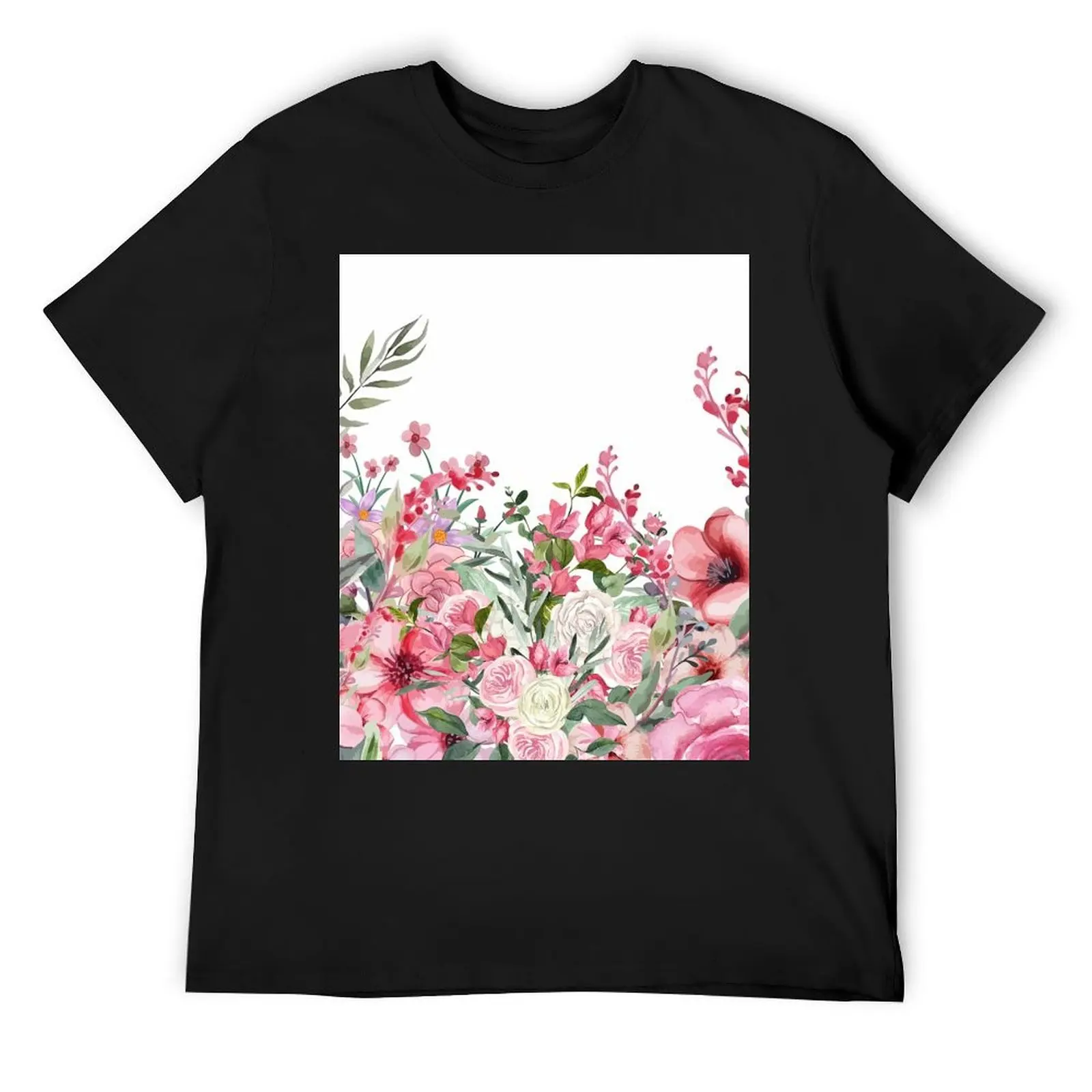 Pink blooming garden, roses and wildflowers T-Shirt man clothes anime clothes men clothes