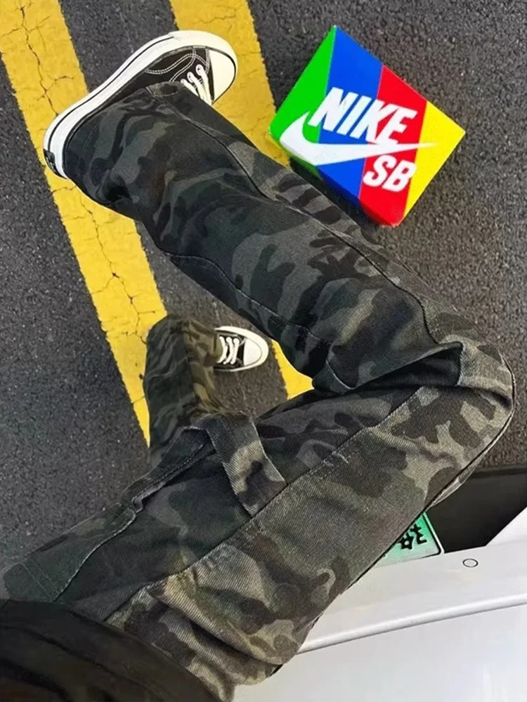 

American Sle Camouflage Jeans Men's High Street Slim Straight Leg Pants Cleanfit Logging Workwear Trousers Trendy Brand